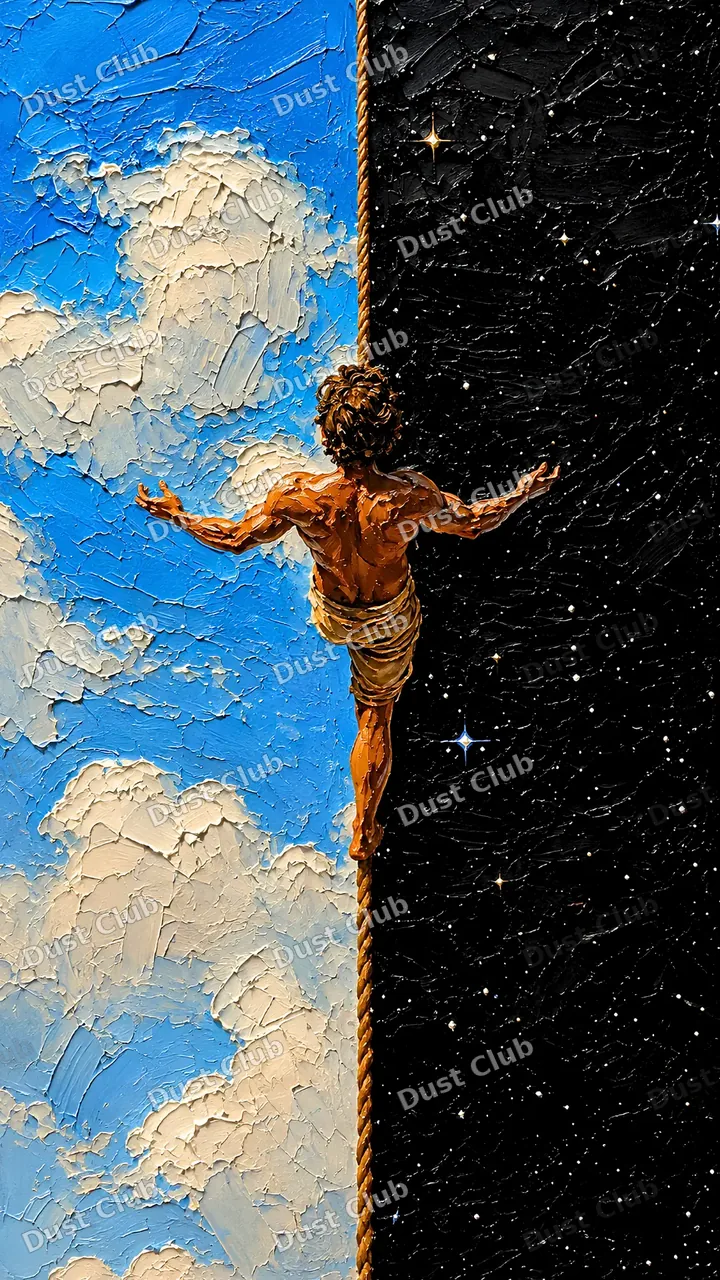 Prévia com marca d’água: Figura entre o céu azul e a noite estrelada
